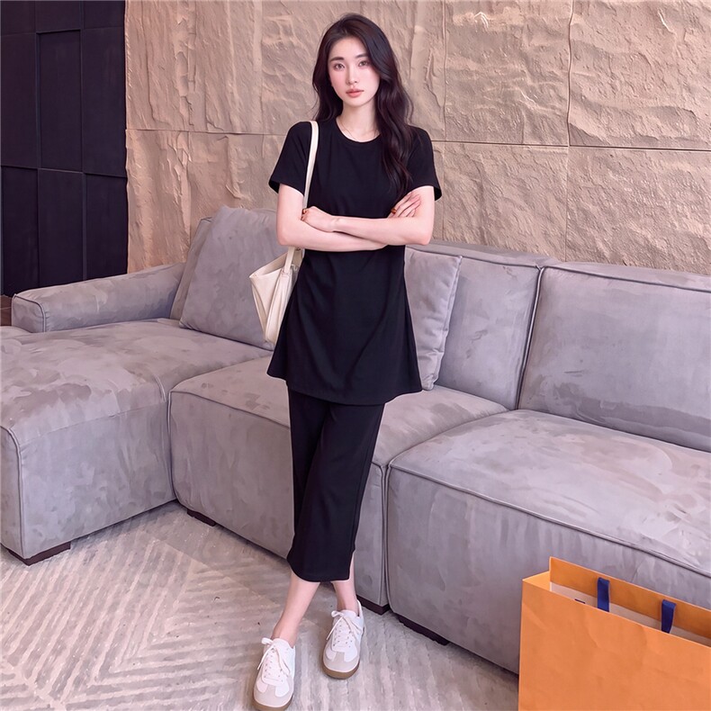 潮流时尚休闲套装女夏新款黑色圆领褶皱收腰短袖上衣九分裤两件套,女装套装/套裙,江南