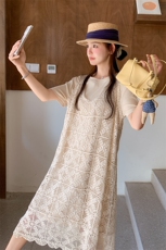 小香风米白色蕾丝背带裙夏季2025新款简约风T恤裙通勤，女装连衣裙，2C135