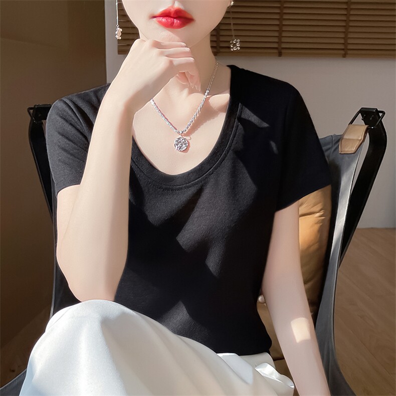 U领新款针织女短袖纯色简约百搭宽松套头,针织衫/毛衣,绒宛羊绒