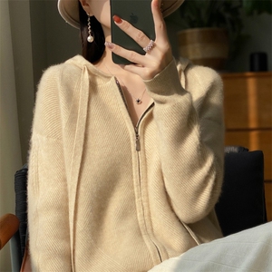 2025秋冬100%纯羊毛开衫女双拉链连帽外套宽松羊绒衫针织长袖毛衣图片
