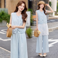 现货轻熟风气质套装女2026夏季麻料薄款西装马甲上衣阔腿裤两件套，女装套装/套裙，艾仟回(原伊仟回)