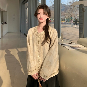 白色新中式外套女2025春季新款重工亮片国风蕾丝花边提花上衣图片