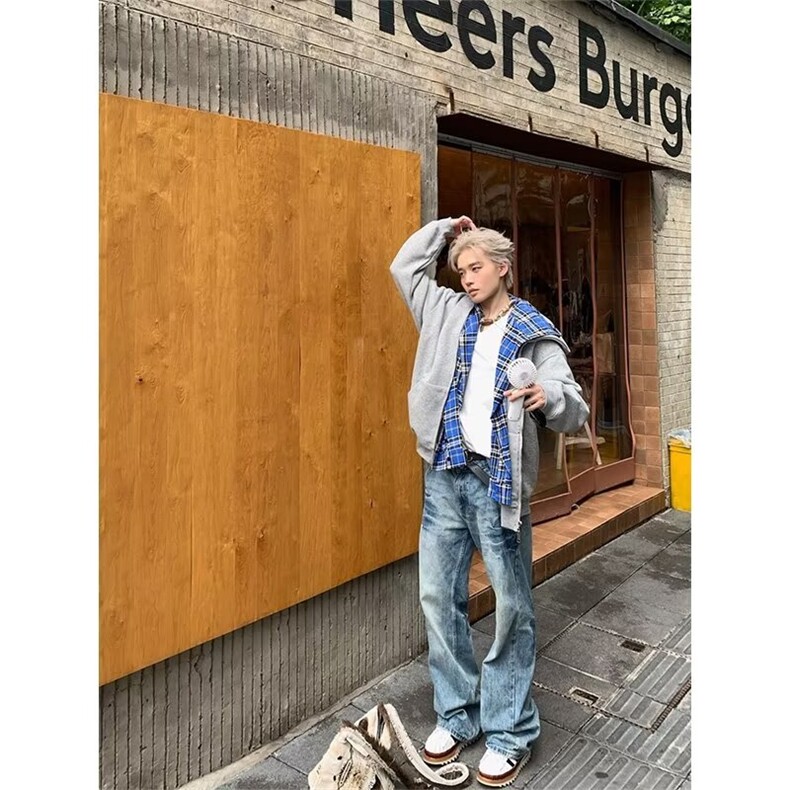 青少年小众美式假两件连帽格子卫衣开衫男女宽松上衣外套B931-P65,女装短外套,星座310A-4