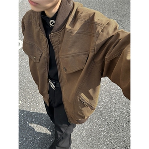 美式哈灵顿夹克外套男宽松复古铆钉做旧棒球服灯芯绒工装情侣上衣图片