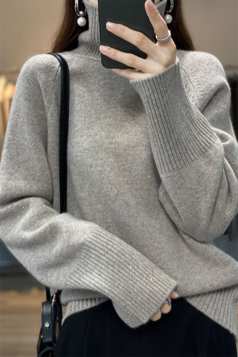 25秋冬新款加厚高领亮丝100%羊毛衫女宽松慵懒长袖毛衣羊绒打底衫,女装羊毛衫,鹿一羊绒