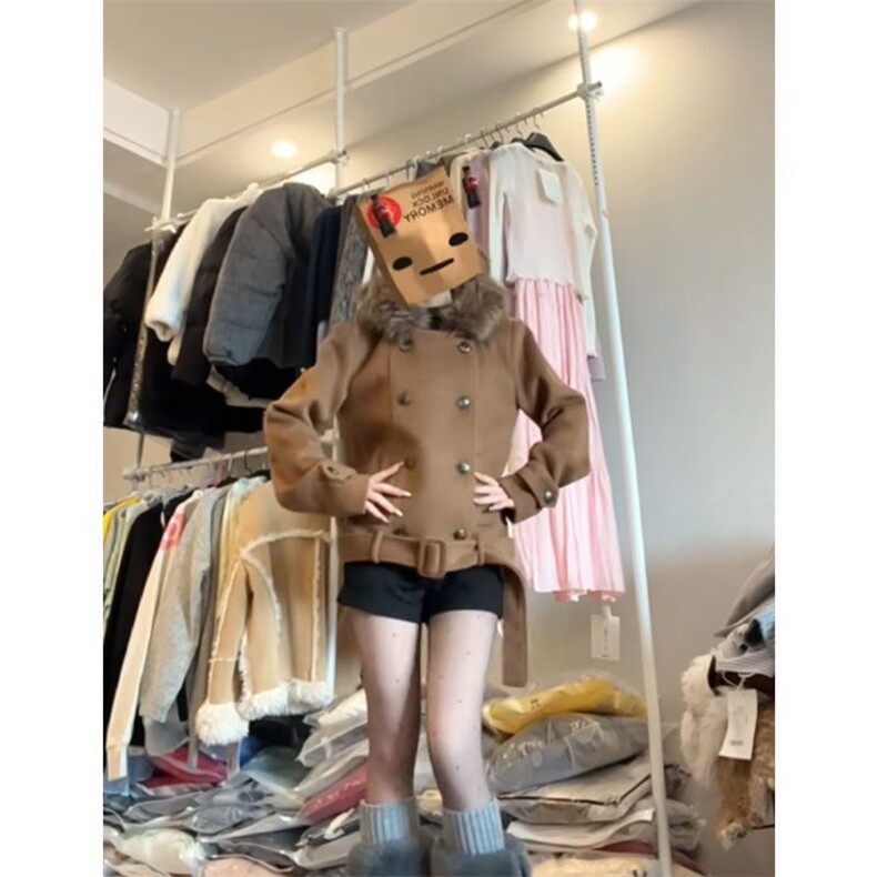 1506-1/WXWT291/P79韩系复古设计感小众双排扣毛呢外套,女装短外套,星座1506-1