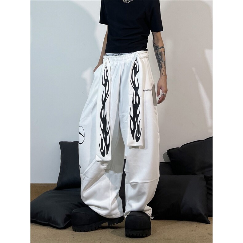 美式复古火焰飘带字母休闲弯刀卫裤男女街头直筒阔腿长裤，女装休闲裤，星座1210-1