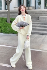 独特漂亮新中式奶杏色卫衣套装女春秋2025新款盐系穿搭长裤两件套，女装套装/套裙，2C187