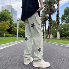 美式高街牛仔裤男女贴布设计感小众裤子宽松直筒青少年休闲长裤，男装牛仔裤，星座601-2