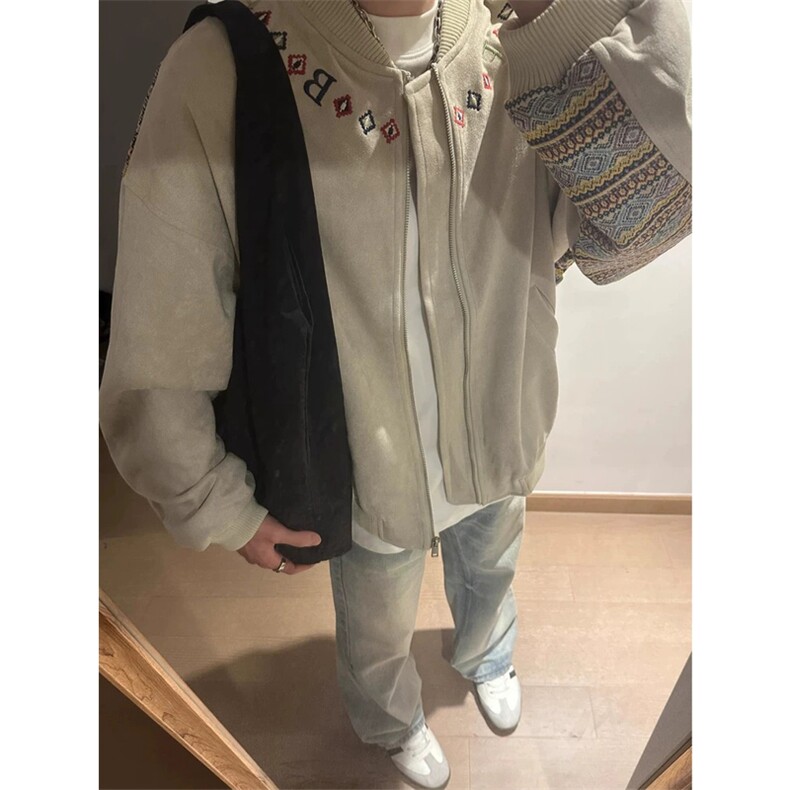 网图有货 民族风织带拼接夹克男麂皮绒刺绣拉链情侣外套 A928-P70图片
