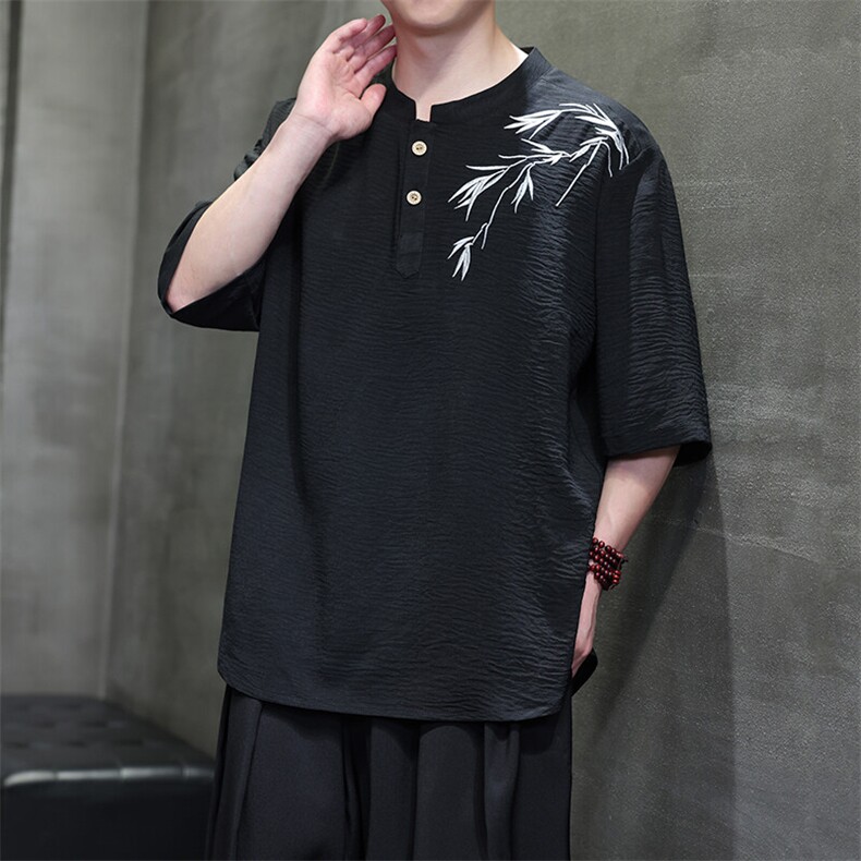 夏季冰丝轻熟短袖男风刺绣中式五分袖半袖盘扣大码T恤T812P55，男装T恤，电商A021A