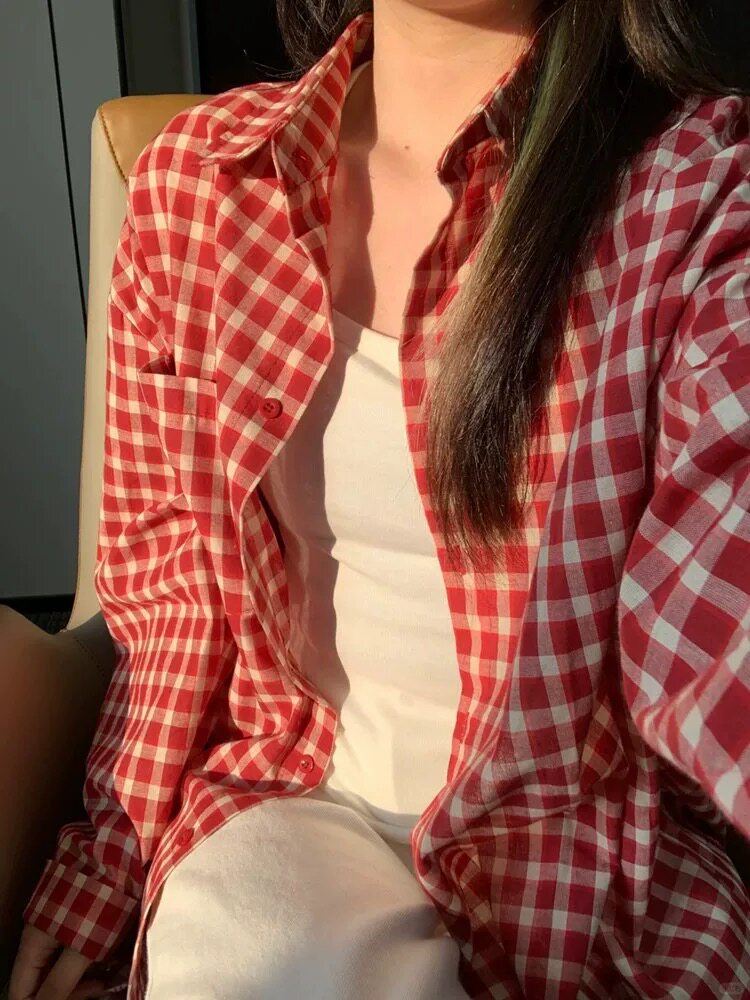 2025纯棉复古红显白格子宽松长袖衬衫,女装衬衫,湘姗