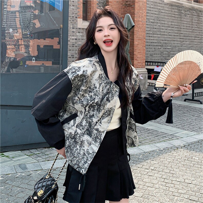 国风水墨印花拼接棒球服外套女春秋新款高级感复古时尚小个子上衣,女装短外套,2C118