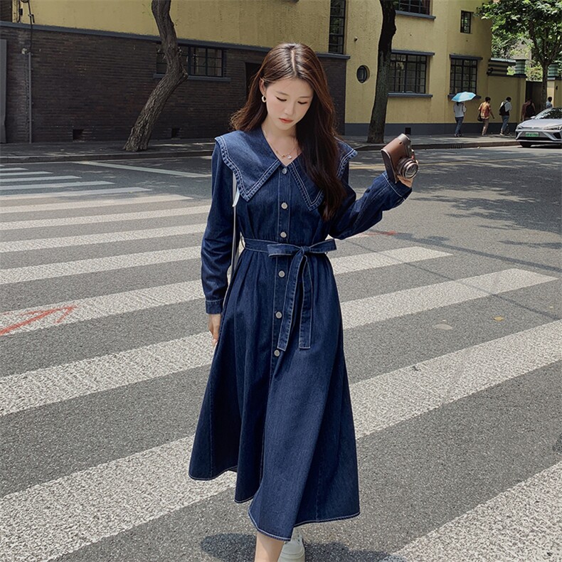 法式复古娃娃领牛仔连衣裙女春季2025新款收腰显瘦气质休闲长裙子,女装连衣裙,浙宝285（原212）