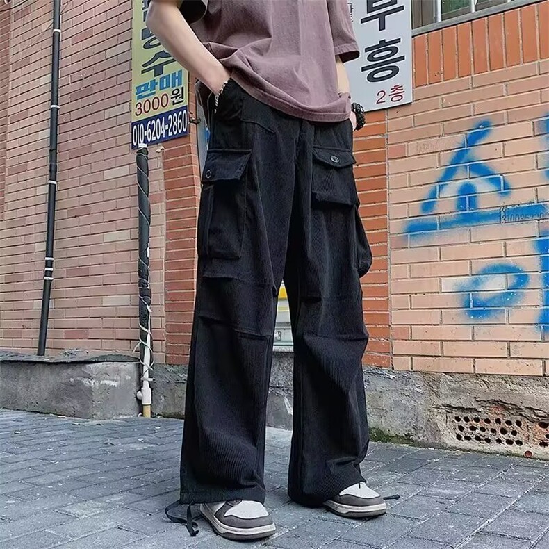 现货复古多阔腿黑色重磅灯芯绒裤子男款潮流宽松口袋长裤运动休闲,男装休闲裤,星座218-1（原230）