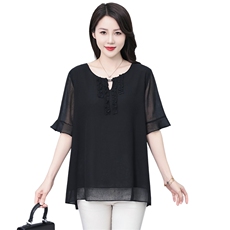 大码雪纺小衫夏季短袖衬衫T恤宽松中年胖妈妈装200斤胖MM冰丝上衣，女装蕾丝衫/雪纺衫，深妍伊美