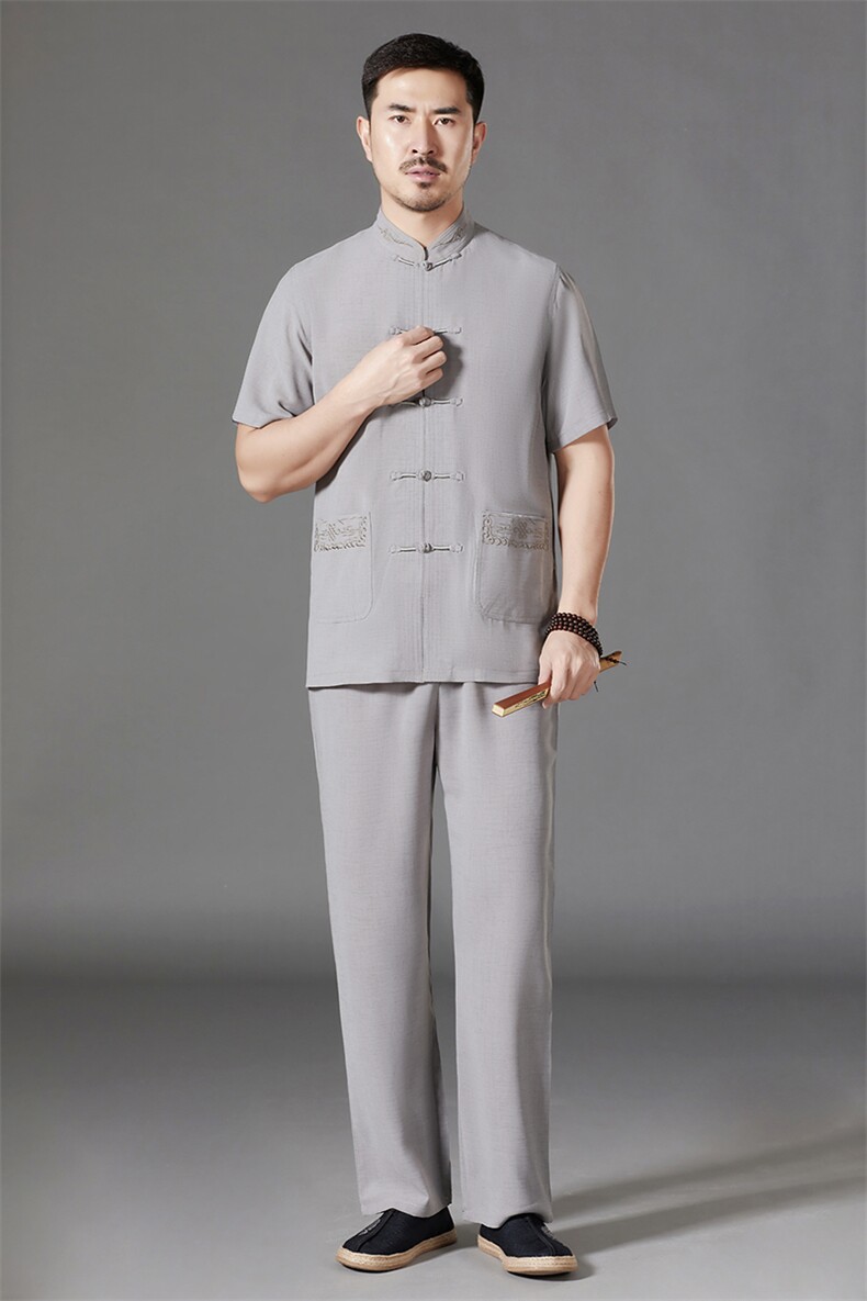 中老年棉麻套装高档唐装太极服中式刺绣立领短袖风时尚男夏装,男装中老年男装,钱塘723