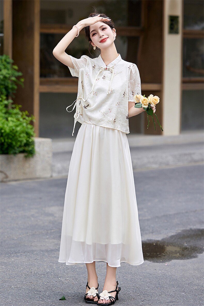 2024年夏季新款新中式盘扣印花短袖半裙两件套套装,女装套装/套裙,奕薇雅