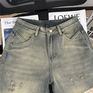 破洞修补牛仔裤男宽松直筒春秋潮流时尚美式高街水洗裤子8039/P46图片