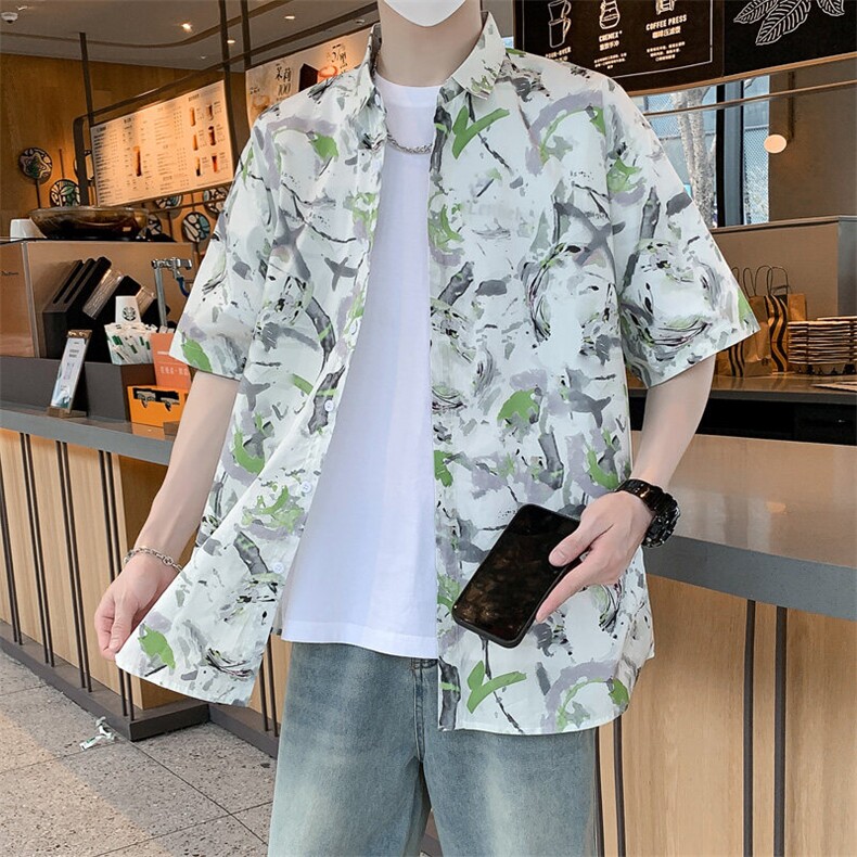夏男士短袖衬衫纯棉透气时尚休闲冰丝印花宽松衬衣7256P45图片