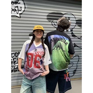 青少年美式复古街头球衣短袖t恤男女潮牌V领印花宽松运动休闲上衣