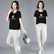 涵誉套装2022款时尚两件套装上身太阳花刺绣T恤加棉麻九分裤女，女装套装/套裙，涵誉