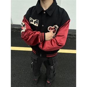 美式撞色拼接夹克棒球服男女高街vibe贴布绣宽松外套W6805-P70图片