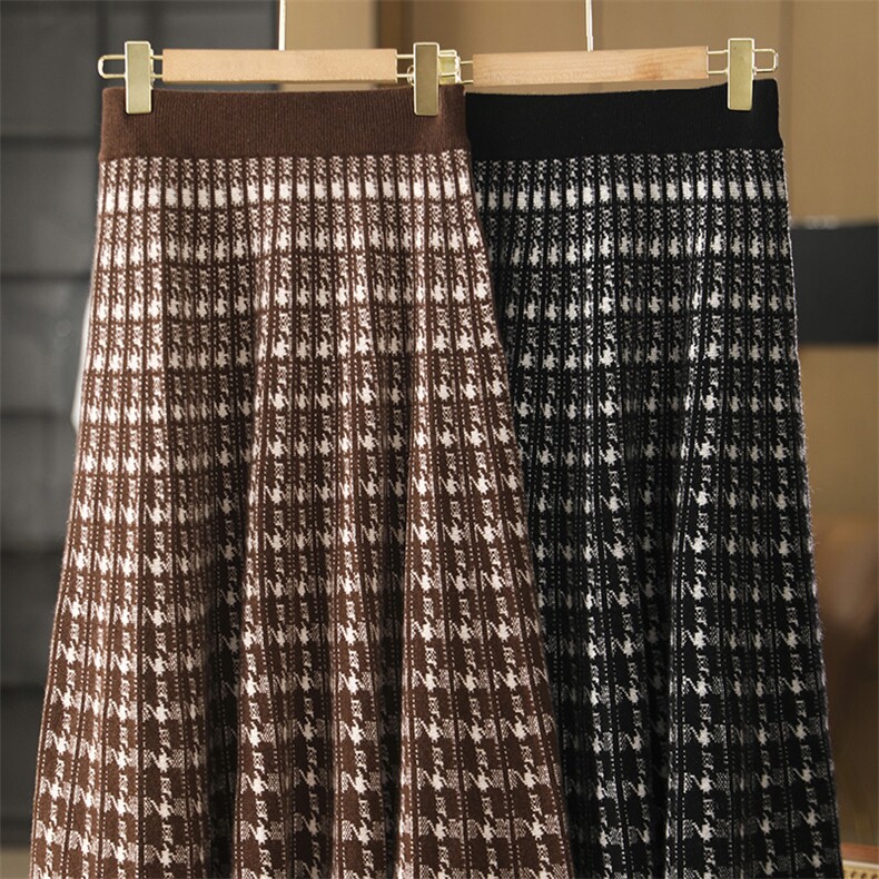 中长款针织半身裙女秋冬天高腰提花花纹a字裙，女装半身裙，玛莎羊绒