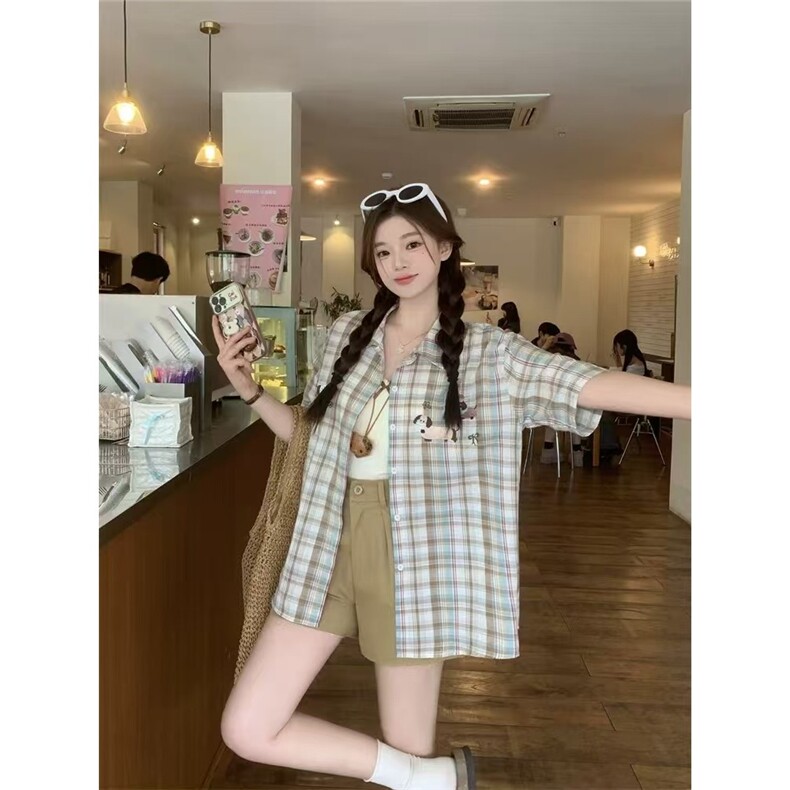美式趣味小狗毛巾绣格子短袖衬衫女夏季新款宽松休闲衬衣独特上衣,男装T恤,星座1210-1
