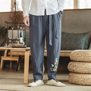 风大码休闲裤男春季复古宽松刺绣棉麻长裤QT6005图片