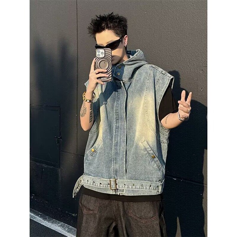 牛仔马甲男女宽松百搭连帽美式帅气2025夏季ins新款外套W6574-P75,男装工装外套,星座412-2