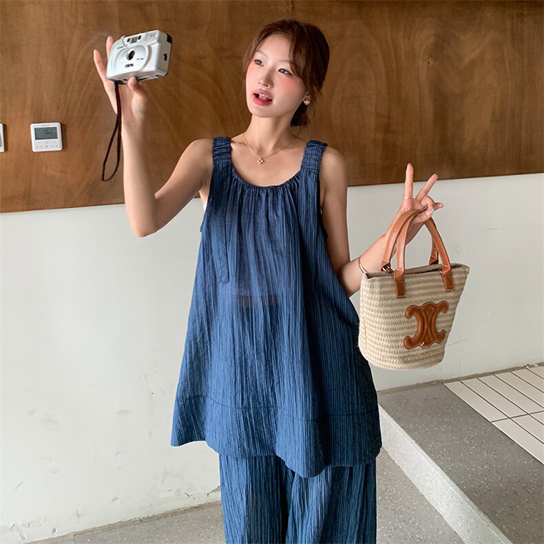 慵懒风宽松吊带上衣拖地阔腿裤套装女2025夏季新款简约休闲两件套,女装套装/套裙,浙宝305