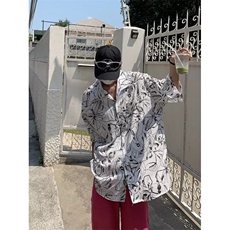 港风痞帅夏季花衬衫男女夏威夷短袖潮流宽松休闲衬衣CS8088-p35，男装衬衫，星座601-2