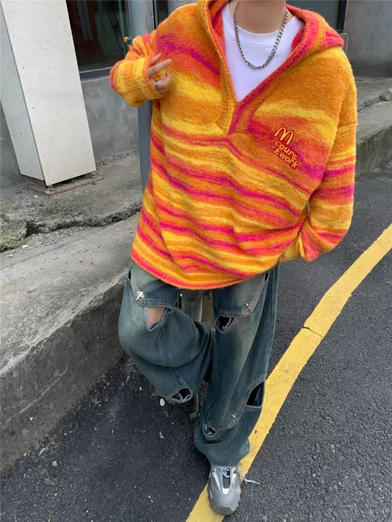 条纹连帽毛衣男秋冬季麦当劳刺绣慵懒风宽松针织衫BM681-P63图片