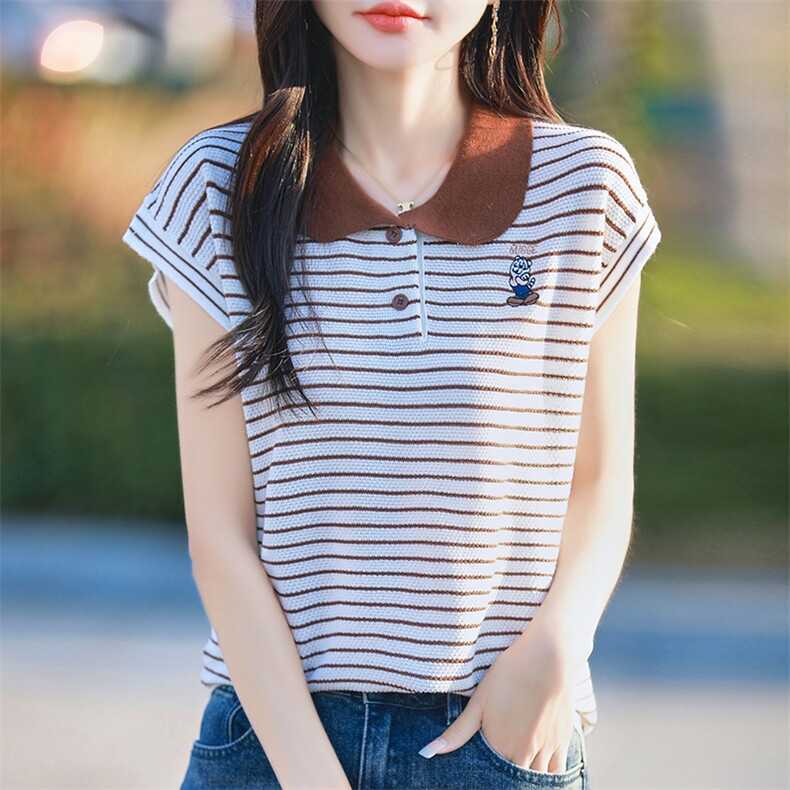 夏季新款精纺羊毛针织短袖女POLO领T恤宽松显瘦条纹撞色打底衫女,女装T恤,端硕羊绒