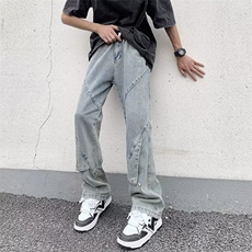 日系长裤拉链时尚新款文艺中腰青春流行夏季微弹休闲裤男潮流，男装牛仔裤，星座716-4
