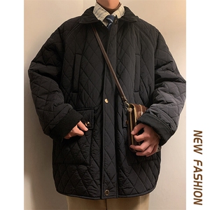 翻领菱形格棉服男款冬季青少年2024新款工装棉衣潮牌轻薄夹棉外套图片