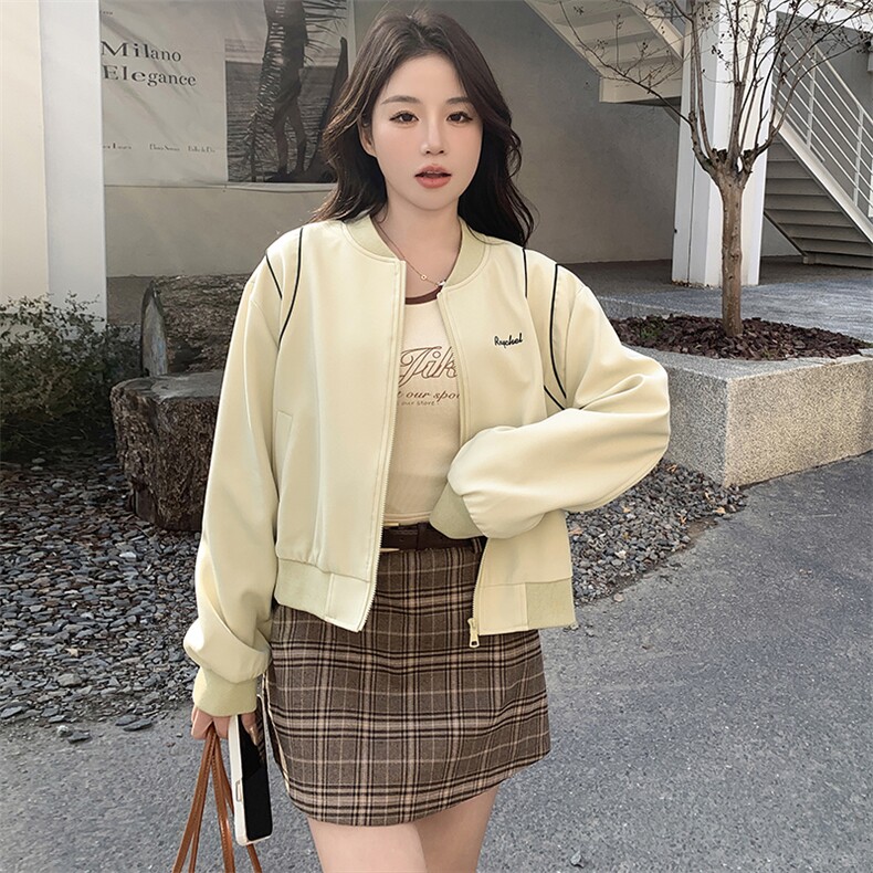 美式棒球服外套女春秋通勤短款撞色拼接复古夹克刺绣宽松休闲上衣，女装短外套，鑫慧