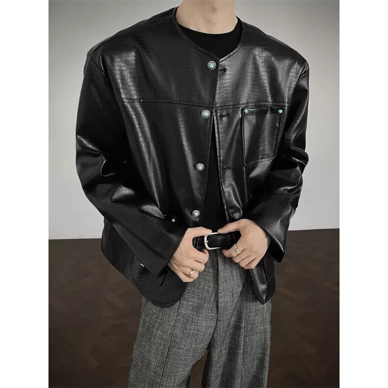 小香风绿松石纽扣外套男装潮牌欧美cleanfit韩系穿搭夹克NB94P95，男装皮衣，电商D256A(原A064A)