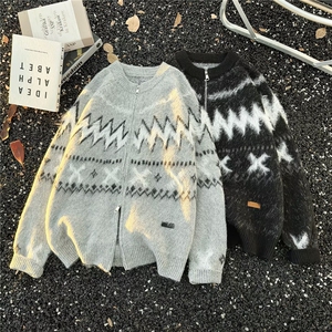 美式复古费尔岛提花毛衣男女同款秋冬新款高级感撞色针织衫上衣潮图片