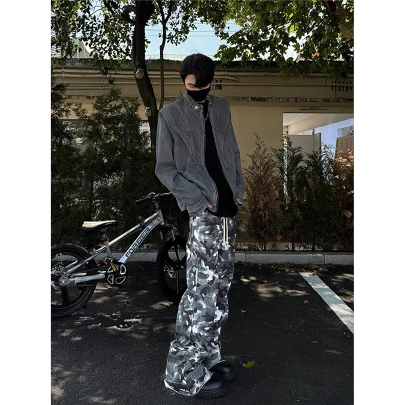 美式水洗复古做旧拼接牛仔夹克男cleanfit简约高级设计感立领外套,男装工装外套,星座1210-1