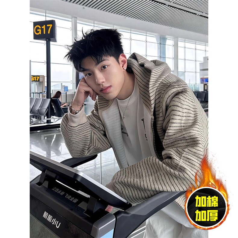 480G重磅加绒硬挺boxy男女秋冬美式高街条纹毛呢卫衣开衫厚外套，女装短外套，电商A486