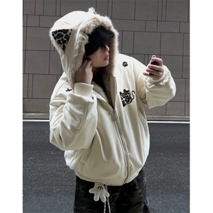计划小恶魔豹纹仿麂皮毛领加厚座山雕棉服外套男女 M803图片