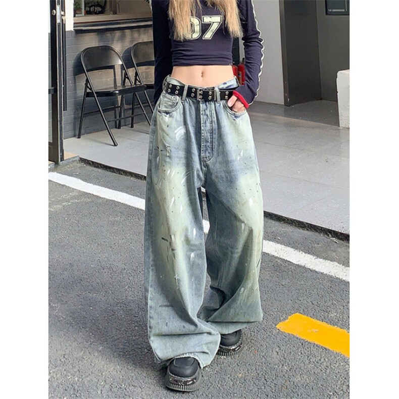 酷拽男女小众泼漆涂鸦牛仔裤女慵懒风街头阔腿拖地裤NK1153,男装牛仔裤,星座1116A（原606A-3）