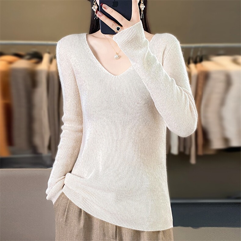 V领毛衣女内搭秋冬2024年新款修身显瘦长袖紧身打底衫,针织衫/毛衣,佳绒包芯纱店