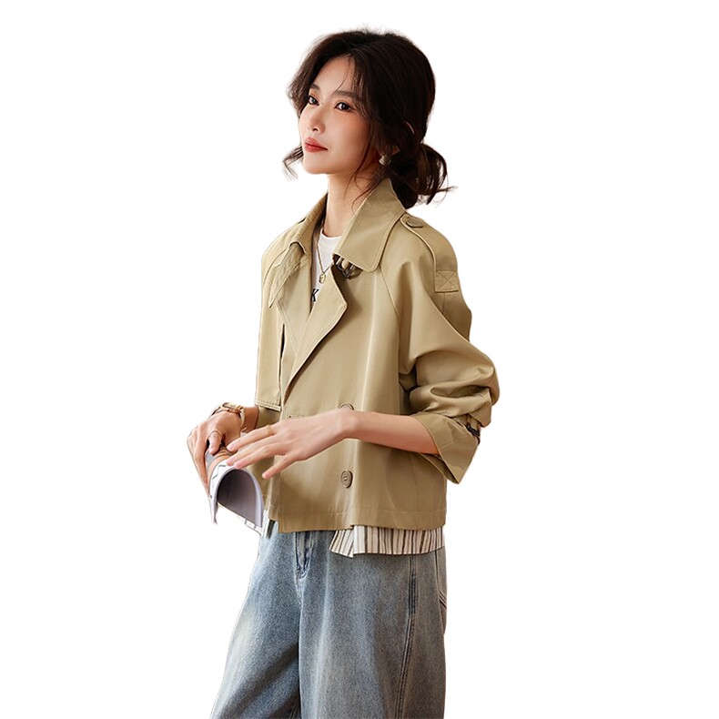 爆【现货】卡其色小个子短款风衣外套女宽松休闲上衣双排扣外套女,女装风衣,鑫源服饰