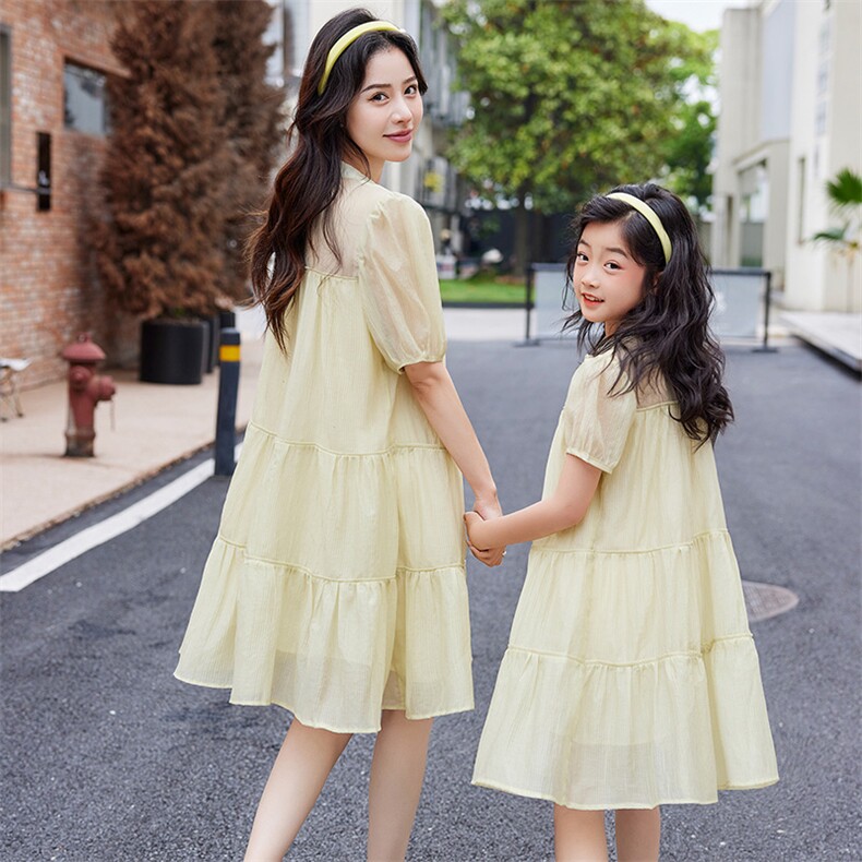 2023夏季纯色打揽松紧袖口复古风亲子连衣裙,女装连衣裙,安之芮娜