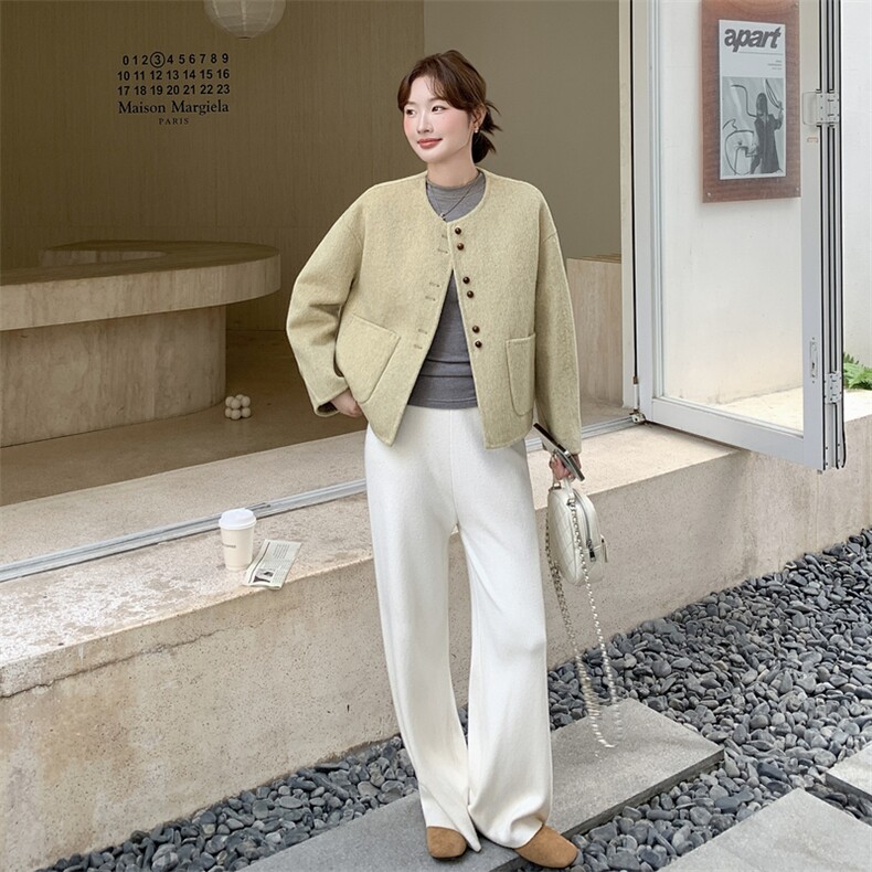 卡其色双面羊绒大衣女短款2025新款韩版时尚单排扣宽松毛呢外套,女装羊绒大衣,2C316
