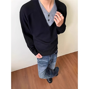 老钱风假两件v领毛衣男秋冬季cleanfit情侣针织打底衫LMY9572-P60图片