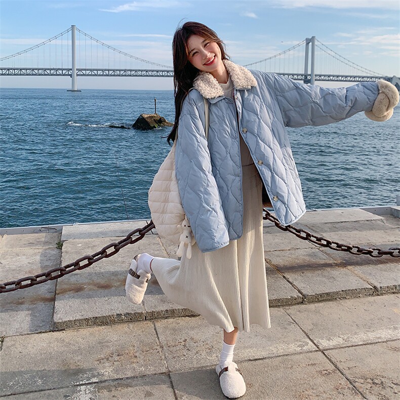 羊羔毛拼接蓝色羽绒服女冬季两面穿韩系小个子温柔风爆款超好看,女装羽绒服,浪娴服饰